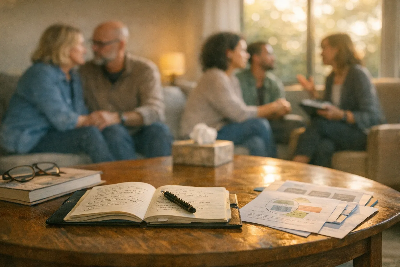 Couple sitting together in a therapist’s office, listening thoughtfully during a counseling session in soft natural light.
