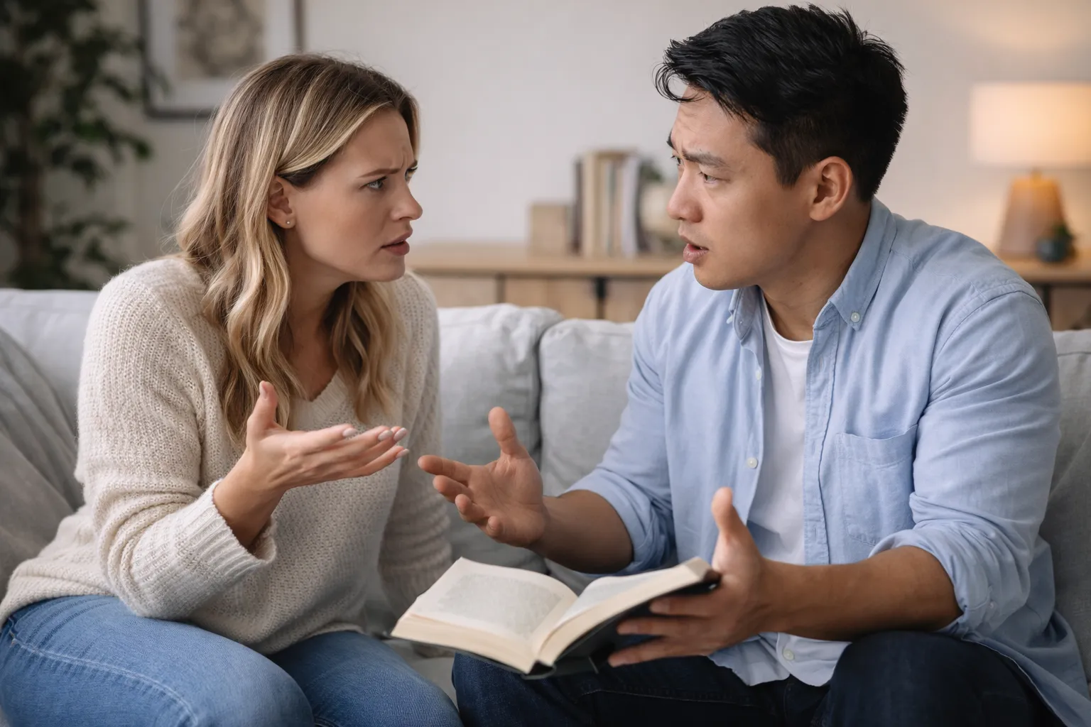 Couple sitting apart on a sofa during a difficult conversation about their future