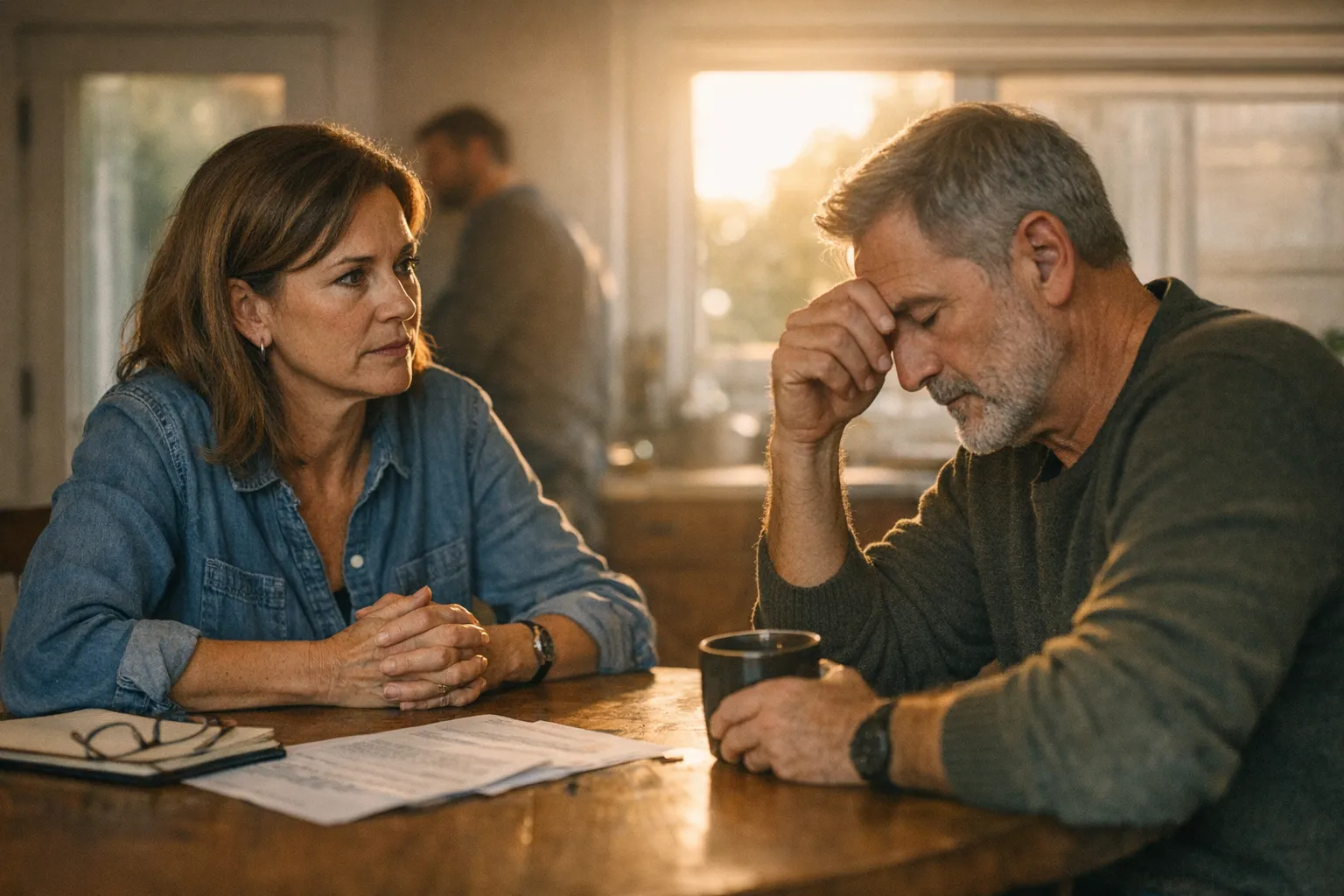 Two family business partners sit across from each other in soft natural light, having a serious but calm conversation at a worktable.