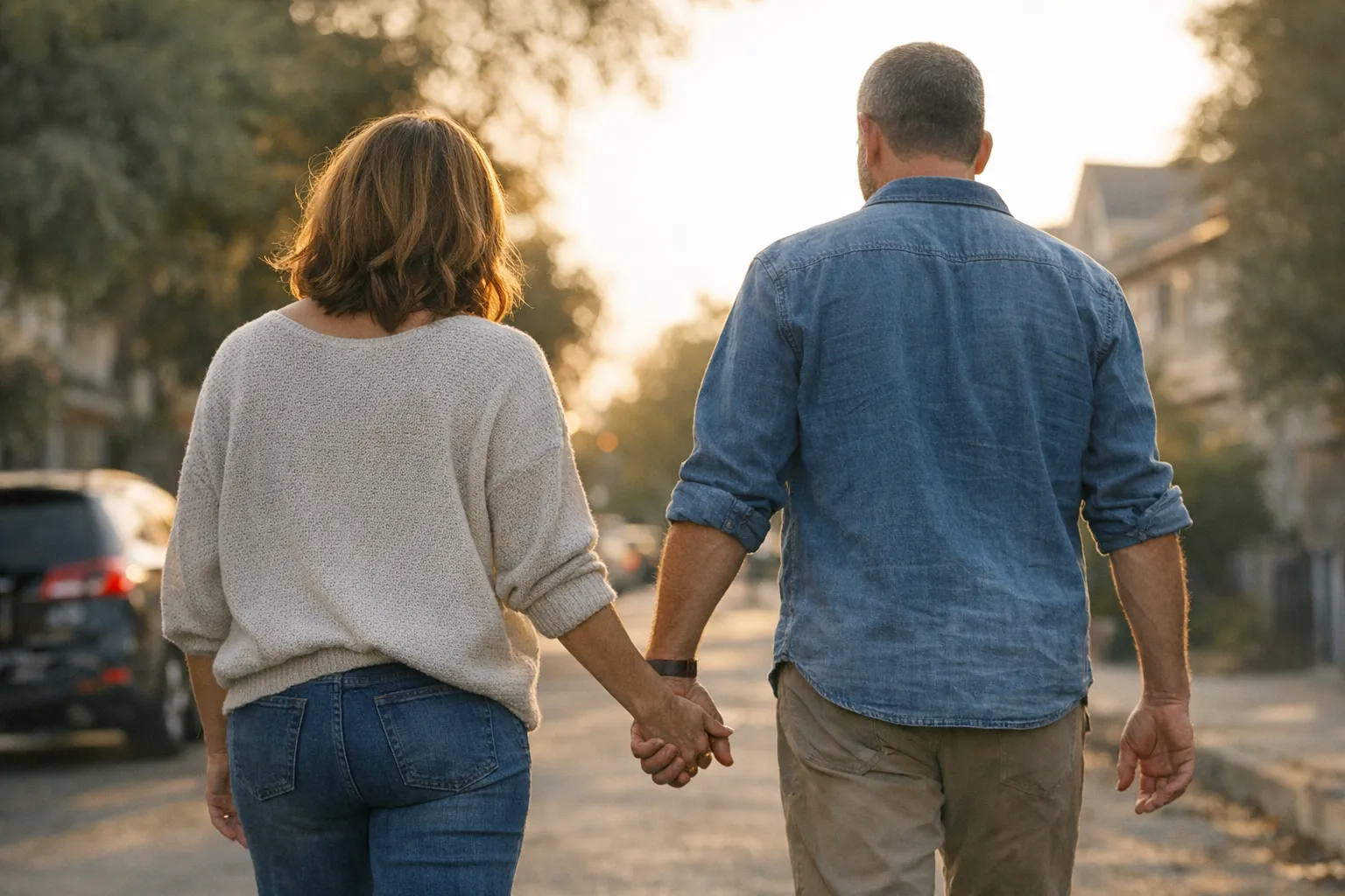 Couple walking hand in hand down a softly lit street, seen from behind, conveying connection amid complex emotions in a natural, candid moment.