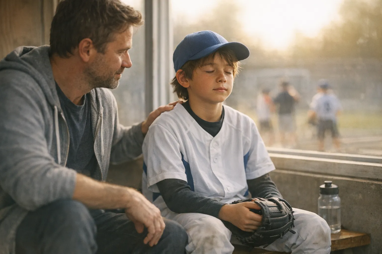 Young athlete pauses to breathe on the sidelines while a parent models calm support, capturing mindfulness in a high-pressure sports moment.