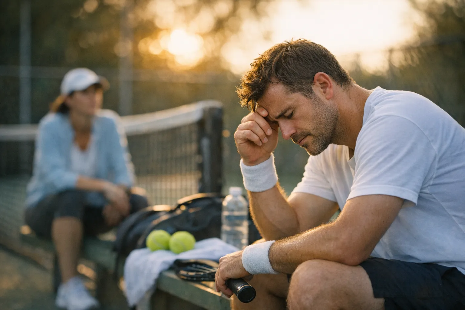 Tennis player on an outdoor court pausing between points, racket in hand, with a focused, reflective expression in soft natural light.