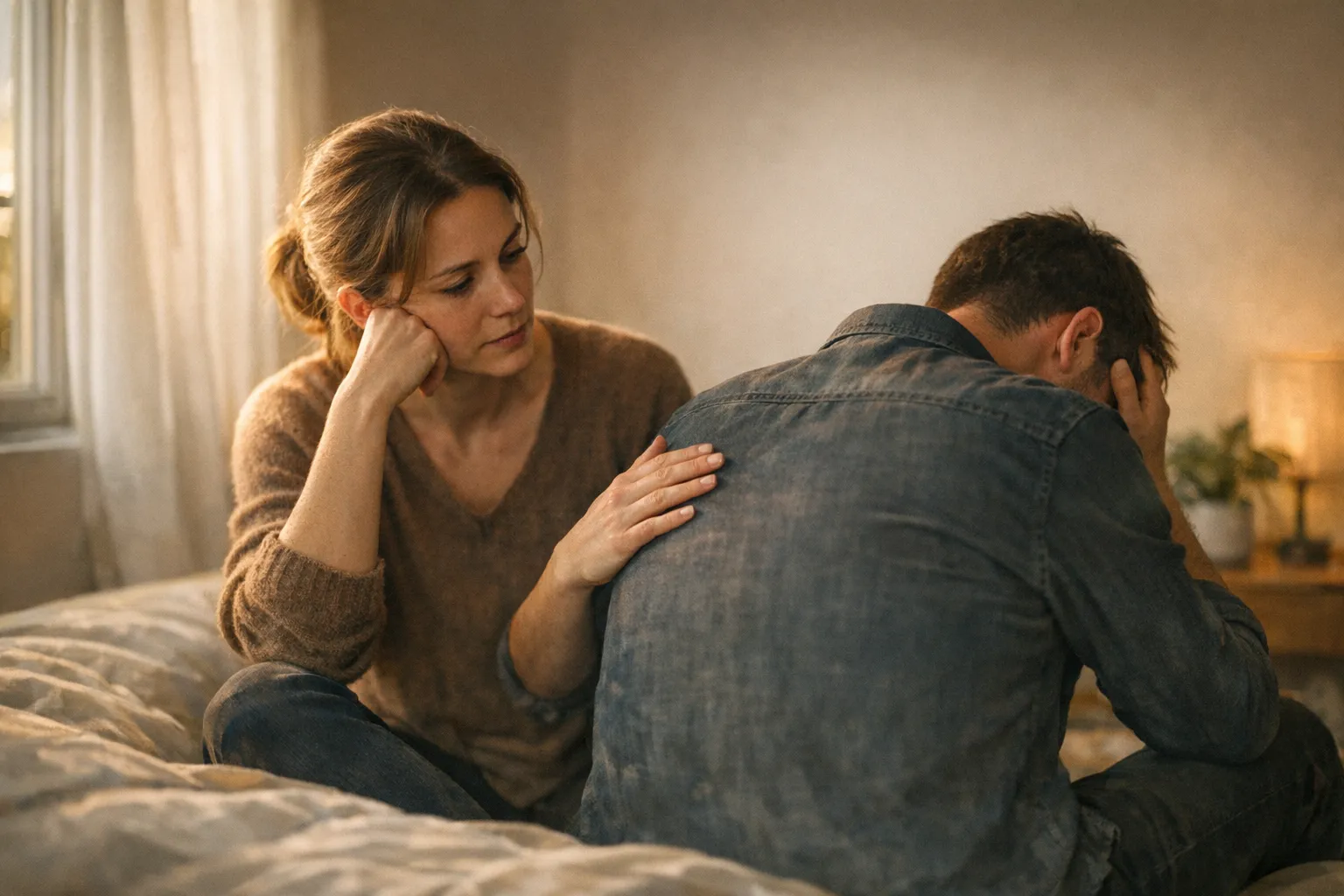 Couple sitting apart in soft natural light, one visibly overwhelmed while the other stays calm and attentive, reflecting emotional dysregulation in a