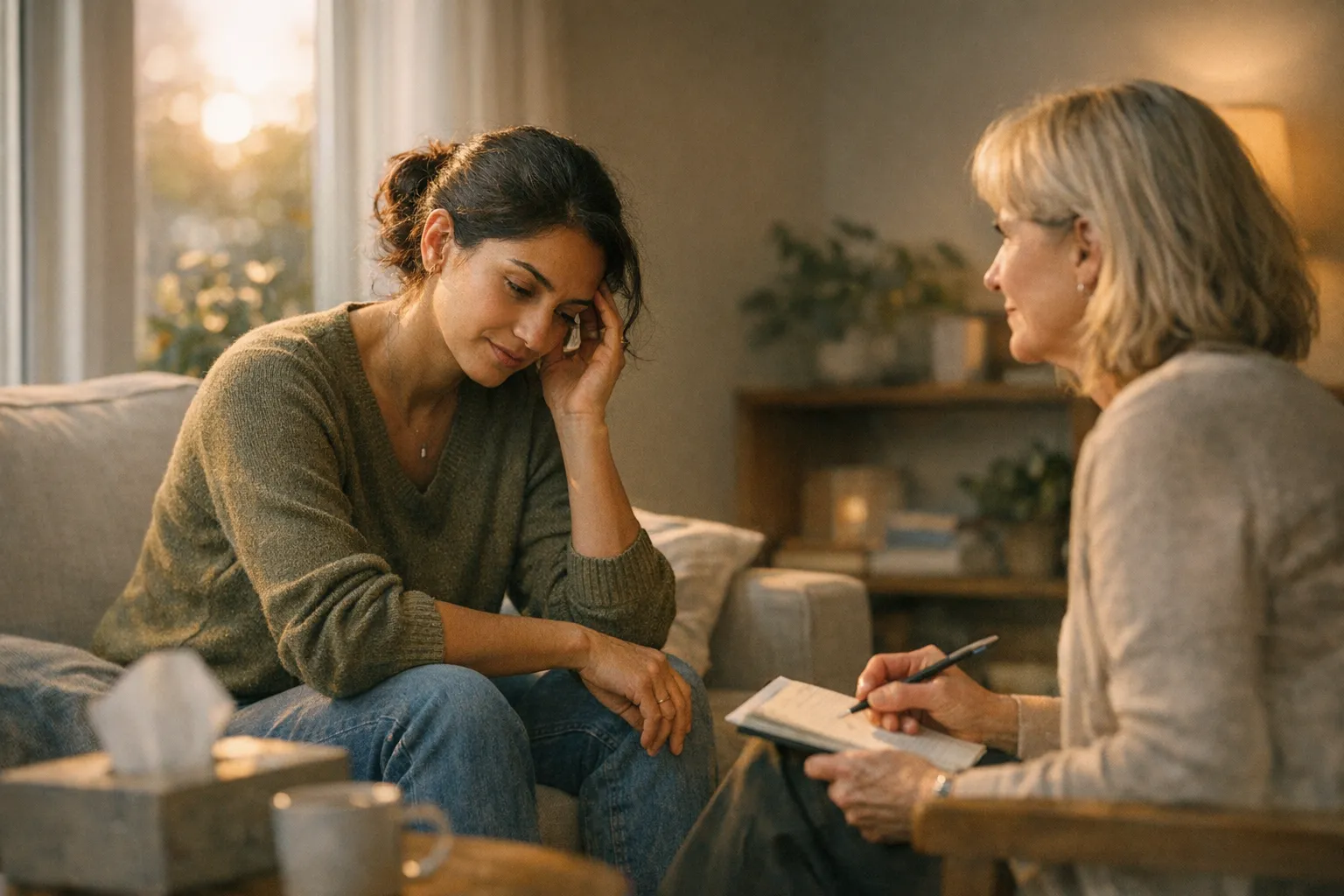Person seated with a therapist in soft natural light, leaning in as they talk, conveying support, listening, and emotional steadiness.