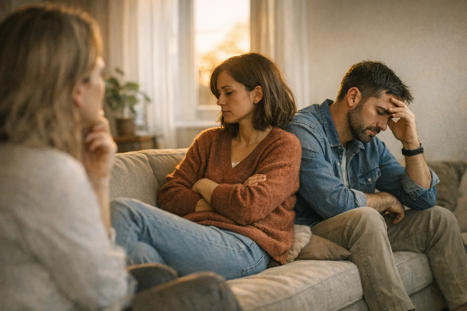 Three people in a tense conversation, with one person caught between the other two, conveying indirect conflict and emotional strain.