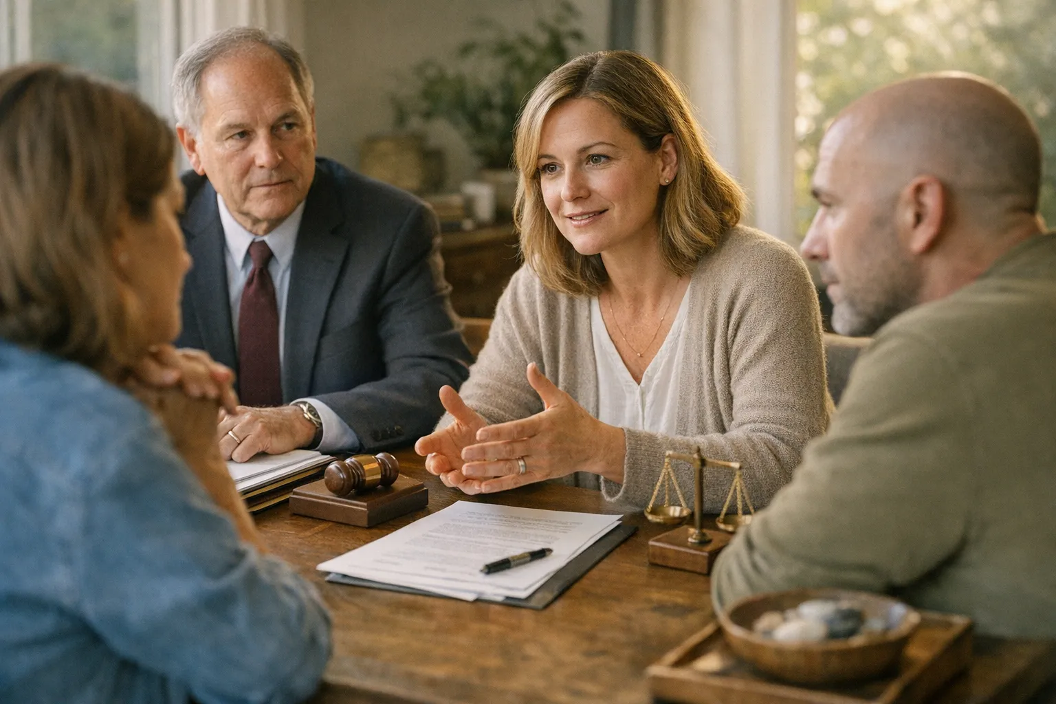 Separated couple sitting apart at a table with paperwork, while a calm mediator speaks with them in soft natural light.