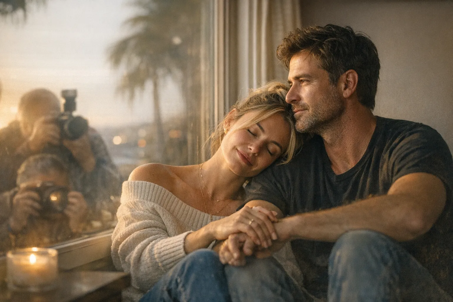 Candid, well-dressed couple sharing a quiet, affectionate moment in soft natural light, suggesting the grounded side of long-term love beyond public glamour.
