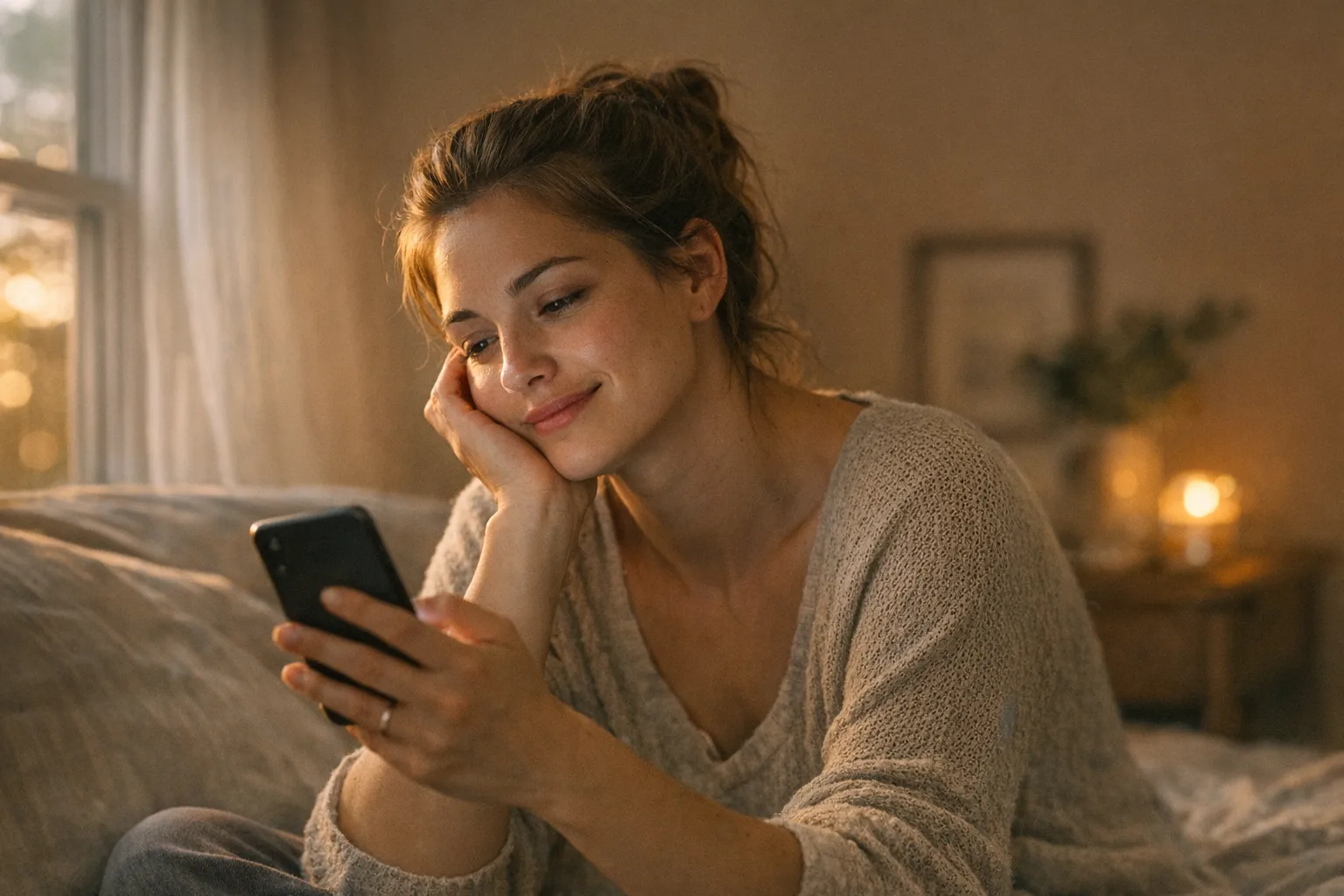 Person sitting alone by a window, looking at messages on a smartphone with a thoughtful, tender expression, suggesting digital intimacy and loneliness.